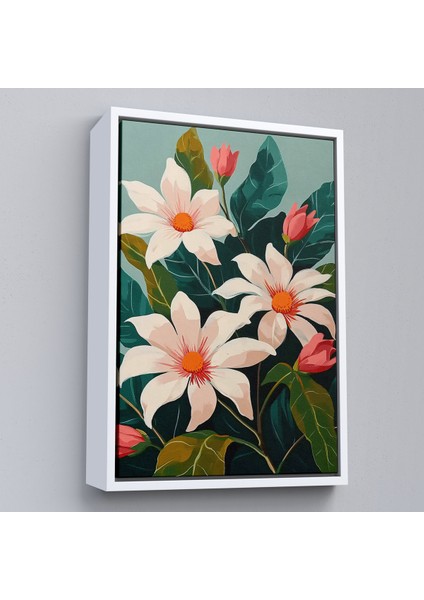 Çerçeveli Dekoratif Kanvas Tablo, Beyaz Çiçekler TABLO-7563