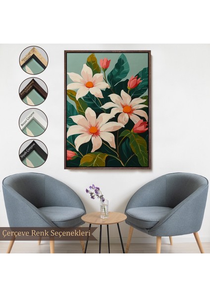 Çerçeveli Dekoratif Kanvas Tablo, Beyaz Çiçekler TABLO-7563