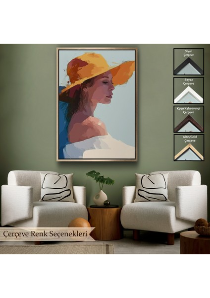 Çerçeveli Dekoratif Kanvas Tablo, Sarı Şapkalı Soyut Kadın TABLO-7639