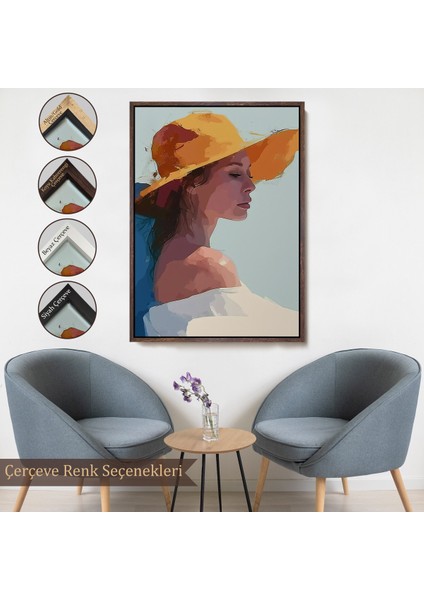 Çerçeveli Dekoratif Kanvas Tablo, Sarı Şapkalı Soyut Kadın TABLO-7639