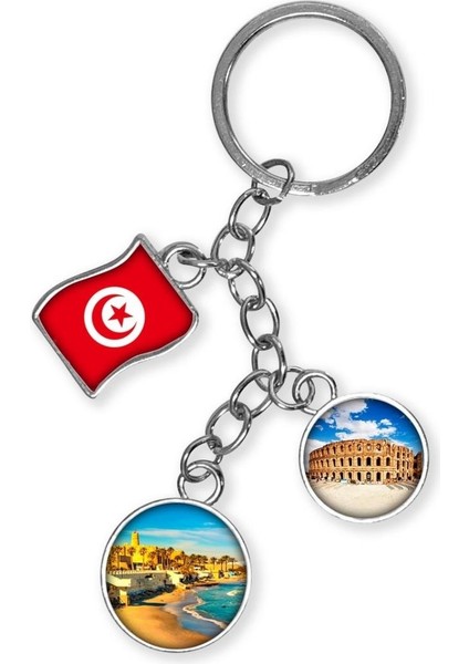 Tunus Üçlü Epoksi Metal Çift Taraflı Damla Anahtarlık Tunisia