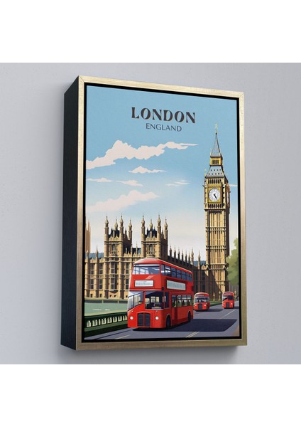 Çerçeveli Dekoratif Kanvas Tablo, Londra Şehir Manzarası ve Kırmızı Otobüs TABLOSU-7712