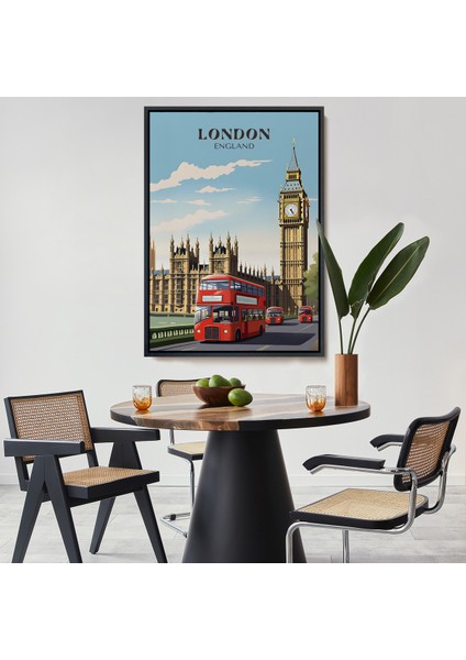Çerçeveli Dekoratif Kanvas Tablo, Londra Şehir Manzarası ve Kırmızı Otobüs TABLOSU-7712