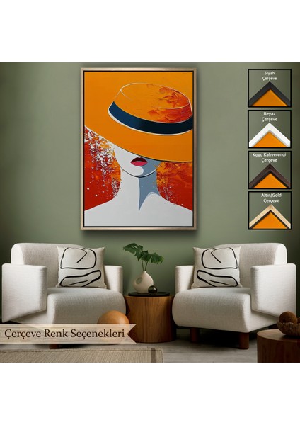 Çerçeveli Dekoratif Kanvas Tablo, Turuncu Şapkalı Retro Kadın TABLO-7589