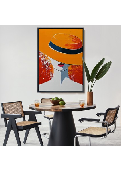 Çerçeveli Dekoratif Kanvas Tablo, Turuncu Şapkalı Retro Kadın TABLO-7589