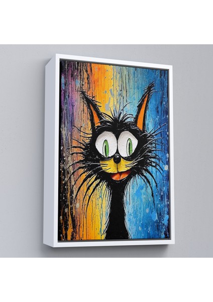Çerçeveli Dekoratif Kanvas Tablo, Yaplıboya Görünümlü Sevimli Kedi TABLOSU-7778