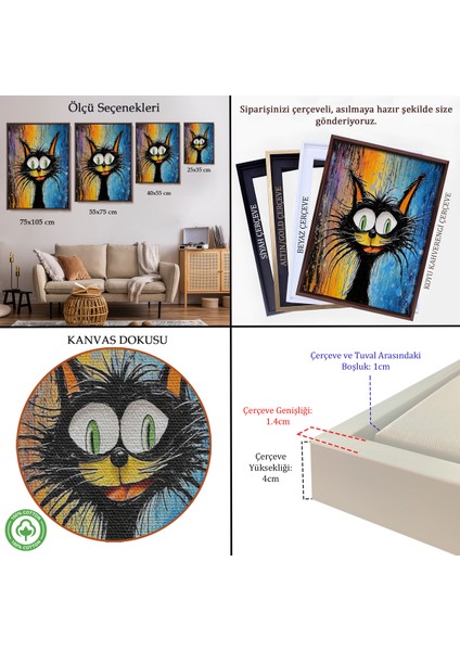 Çerçeveli Dekoratif Kanvas Tablo, Yaplıboya Görünümlü Sevimli Kedi TABLOSU-7778 indirimleri