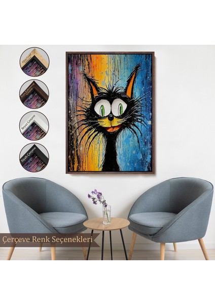 Çerçeveli Dekoratif Kanvas Tablo, Yaplıboya Görünümlü Sevimli Kedi TABLOSU-7778