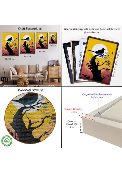 Çerçeveli Dekoratif Kanvas Tablo, Ağaç Üstündeki Soyut Kuş TABLOSU-7614 indirimleri