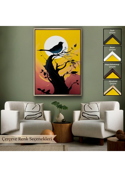 Çerçeveli Dekoratif Kanvas Tablo, Ağaç Üstündeki Soyut Kuş TABLOSU-7614