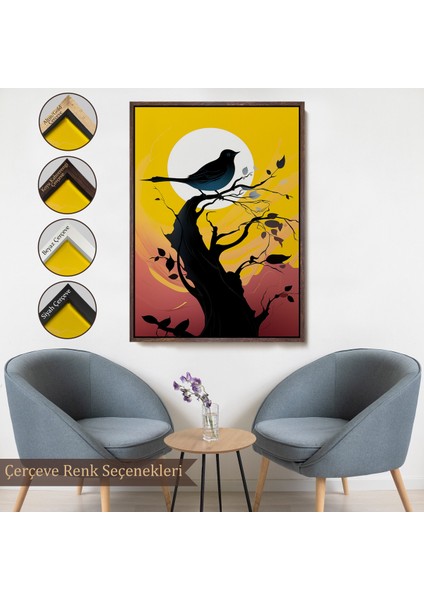 Çerçeveli Dekoratif Kanvas Tablo, Ağaç Üstündeki Soyut Kuş TABLOSU-7614