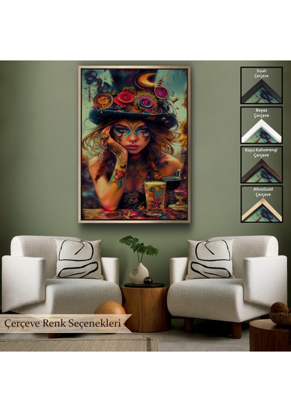 Çerçeveli Dekoratif Kanvas Tablo, Sürreal Dövmeli Hippi Kadın TABLO-7727