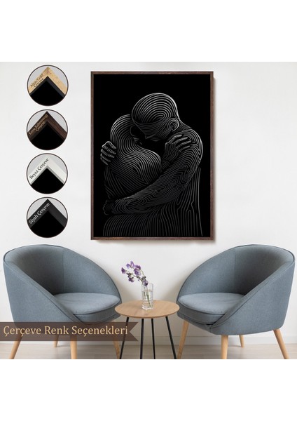 Çerçeveli Dekoratif Kanvas Tablo, Linear Hug Sarılan Çift TABLOSU-7819