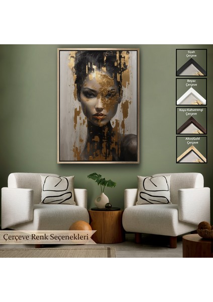 Çerçeveli Dekoratif Kanvas Tablo, Altın Detaylı Güzel Kadın TABLOSU-7625