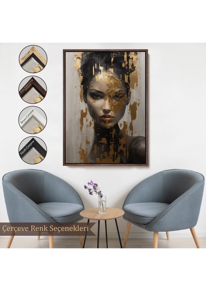 Çerçeveli Dekoratif Kanvas Tablo, Altın Detaylı Güzel Kadın TABLOSU-7625