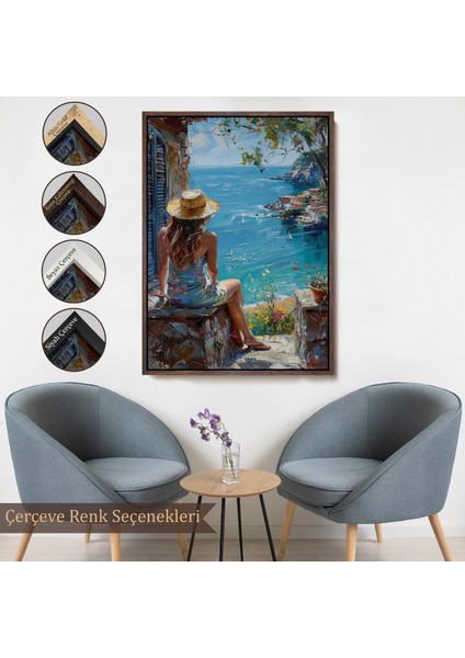 Çerçeveli Dekoratif Kanvas Tablo, Deniz Manzarasını Izleyen Kadın TABLOSU-7866