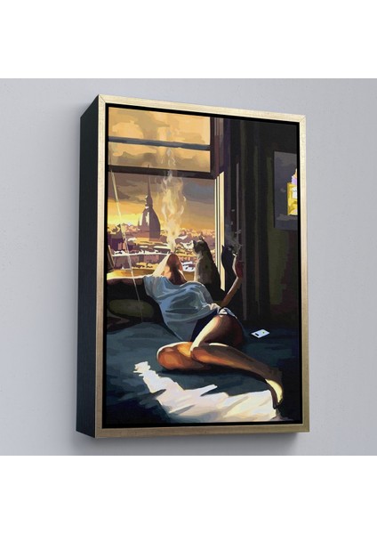 Çerçeveli Dekoratif Kanvas Tablo, Cam Kehomeında Sıgara Içen Kadın TABLOSU-7800 modelleri