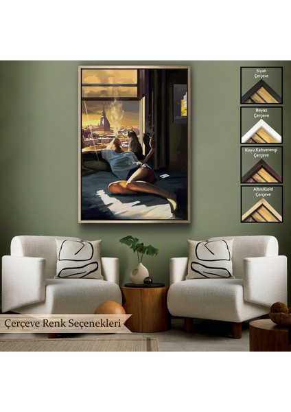 Çerçeveli Dekoratif Kanvas Tablo, Cam Kehomeında Sıgara Içen Kadın TABLOSU-7800