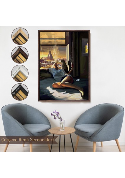 Çerçeveli Dekoratif Kanvas Tablo, Cam Kehomeında Sıgara Içen Kadın TABLOSU-7800