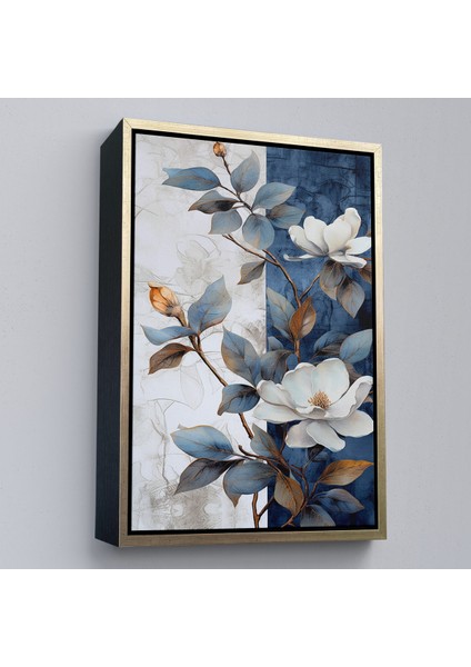 Çerçeveli Dekoratif Kanvas Tablo, Mavi ve Beyaz Çiçekler TABLOSU-7886