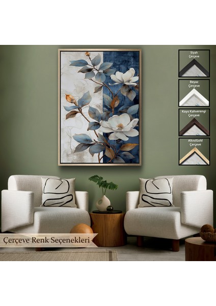 Çerçeveli Dekoratif Kanvas Tablo, Mavi ve Beyaz Çiçekler TABLOSU-7886