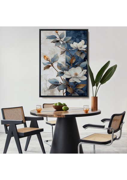 Çerçeveli Dekoratif Kanvas Tablo, Mavi ve Beyaz Çiçekler TABLOSU-7886