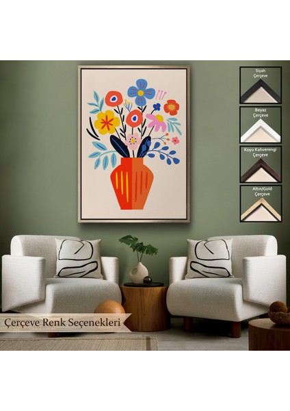 Çerçeveli Dekoratif Kanvas Tablo, Minimalist Çiçek Mavi Vazoda Renkli Buket TABLOSU-7668