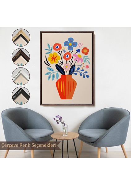 Çerçeveli Dekoratif Kanvas Tablo, Minimalist Çiçek Mavi Vazoda Renkli Buket TABLOSU-7668