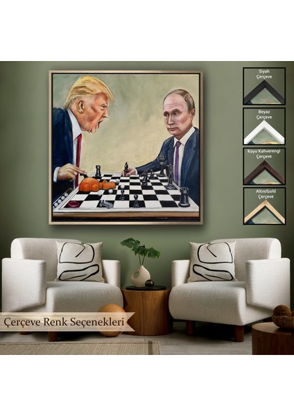 Çerçeveli Dekoratif Kanvas Tablo, Donald Trump - Vladimir Putin Santranç Oyhomeken TABLOSU-8316