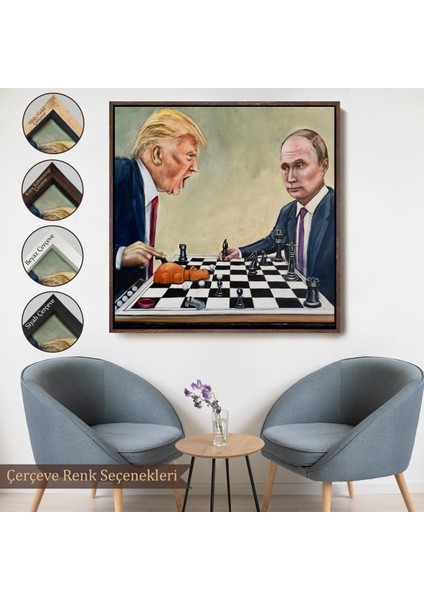 Çerçeveli Dekoratif Kanvas Tablo, Donald Trump - Vladimir Putin Santranç Oyhomeken TABLOSU-8316