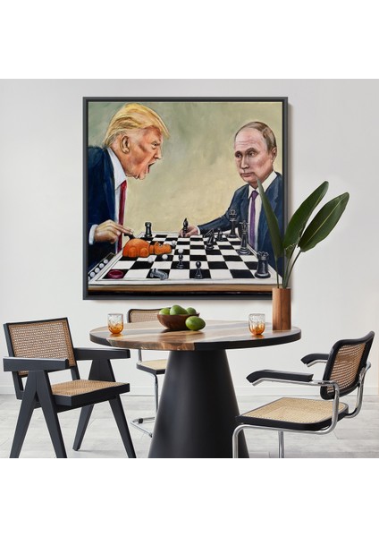 Çerçeveli Dekoratif Kanvas Tablo, Donald Trump - Vladimir Putin Santranç Oyhomeken TABLOSU-8316
