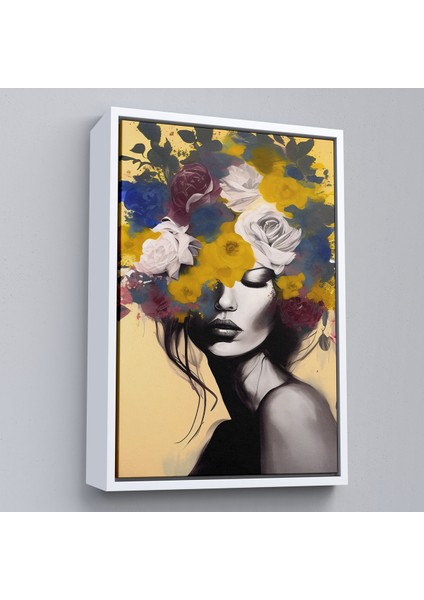 Çerçeveli Dekoratif Kanvas Tablo, Çiçek Başlı Soyut Kadın TABLOSU-7831