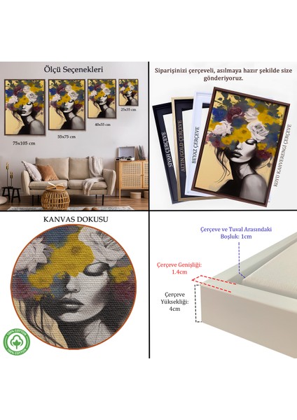 Çerçeveli Dekoratif Kanvas Tablo, Çiçek Başlı Soyut Kadın TABLOSU-7831 indirimleri