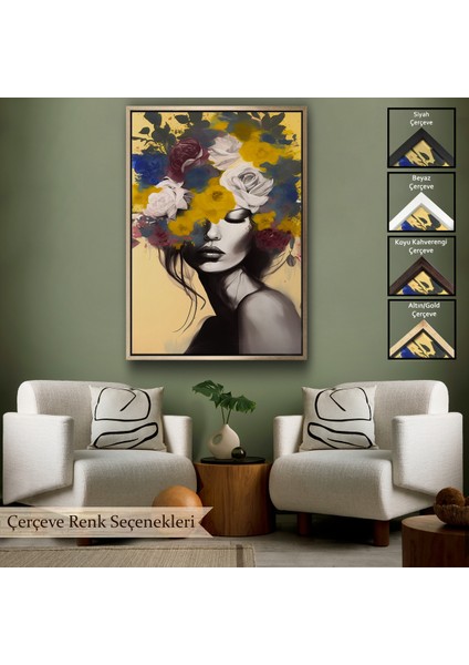 Çerçeveli Dekoratif Kanvas Tablo, Çiçek Başlı Soyut Kadın TABLOSU-7831