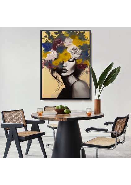 Çerçeveli Dekoratif Kanvas Tablo, Çiçek Başlı Soyut Kadın TABLOSU-7831