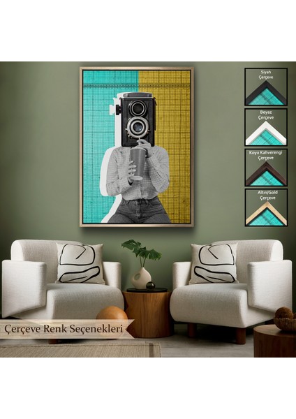 Çerçeveli Dekoratif Kanvas Tablo, Kamera Kafalı Soyut Kadın Pop Art TABLOSU-7872