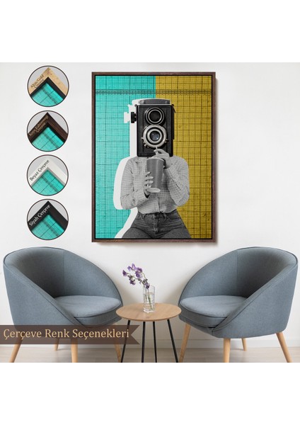 Çerçeveli Dekoratif Kanvas Tablo, Kamera Kafalı Soyut Kadın Pop Art TABLOSU-7872