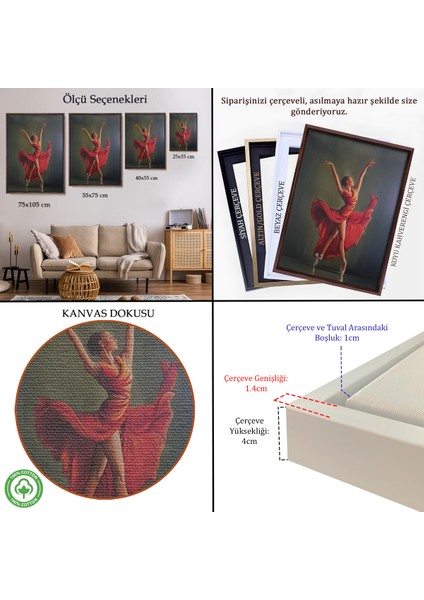 Çerçeveli Dekoratif Kanvas Tablo, Kırmızı Kıyafetli Bale Yapan Kadın TABLOSU-7951 indirimleri