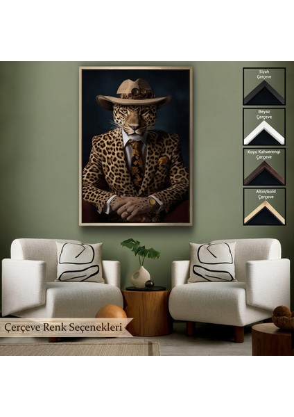 Çerçeveli Dekoratif Kanvas Tablo, Takım Elbiseli Leopar TABLOSU-7932