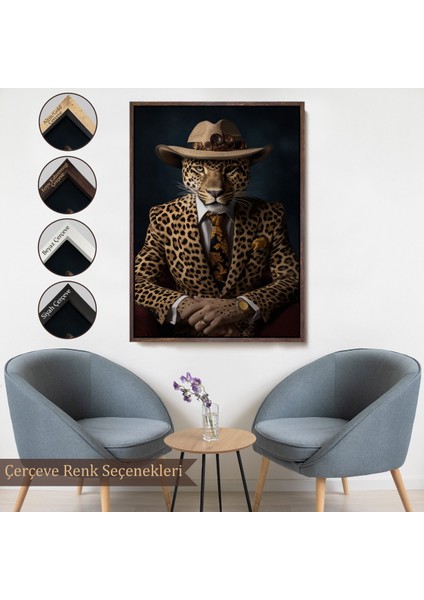 Çerçeveli Dekoratif Kanvas Tablo, Takım Elbiseli Leopar TABLOSU-7932