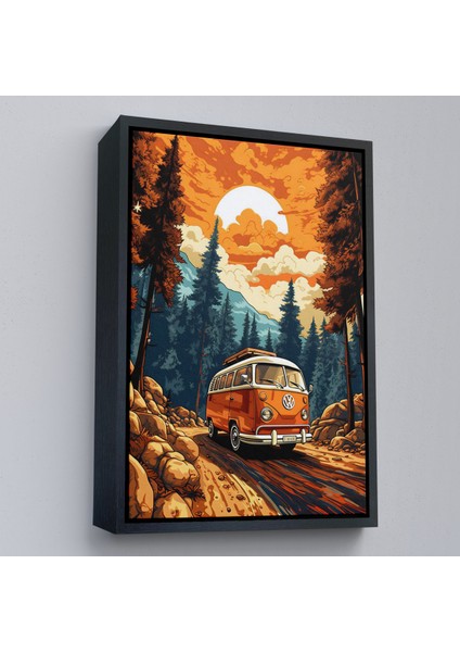 Çerçeveli Dekoratif Kanvas Tablo, Retro Volkswagen Minibüs ve Manzara TABLOSU-7811