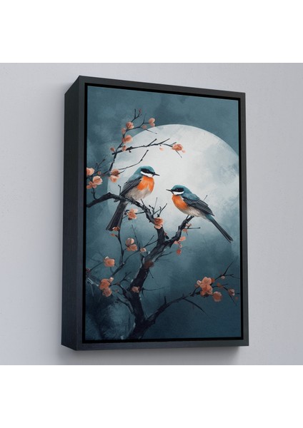 Çerçeveli Dekoratif Kanvas Tablo, Dallarda Pembe Çiçekli Iki Kuş TABLOSU-8004