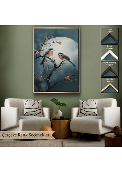 Çerçeveli Dekoratif Kanvas Tablo, Dallarda Pembe Çiçekli Iki Kuş TABLOSU-8004