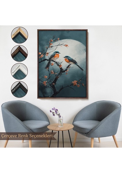 Çerçeveli Dekoratif Kanvas Tablo, Dallarda Pembe Çiçekli Iki Kuş TABLOSU-8004