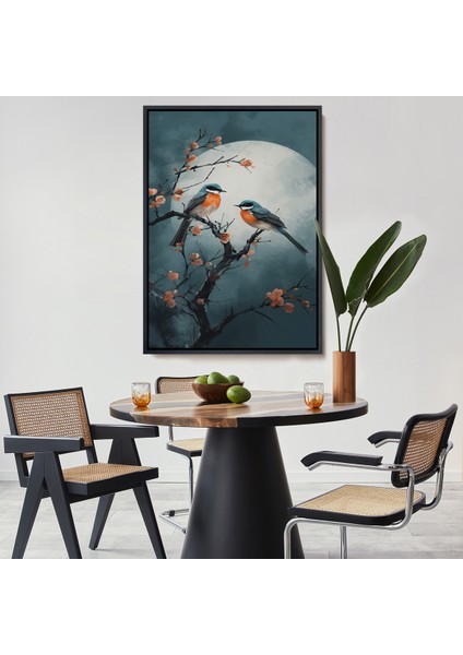 Çerçeveli Dekoratif Kanvas Tablo, Dallarda Pembe Çiçekli Iki Kuş TABLOSU-8004