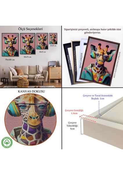 Çerçeveli Dekoratif Kanvas Tablo, Sevimli Zürafa TABLOSU-7954 indirimleri