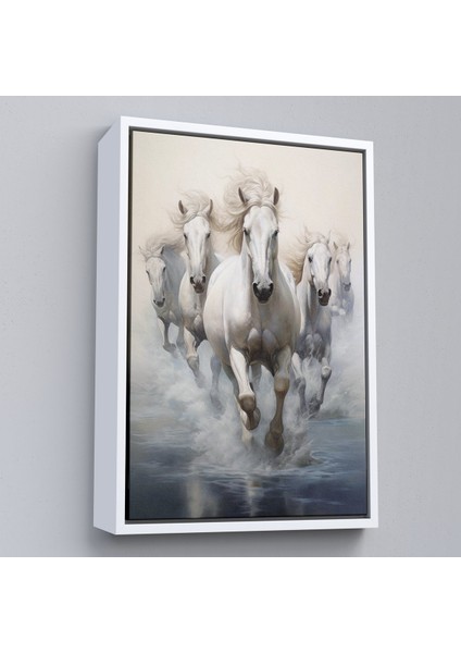 Çerçeveli Dekoratif Kanvas Tablo, Suda Koşan Beyaz Atlar TABLOSU-8000
