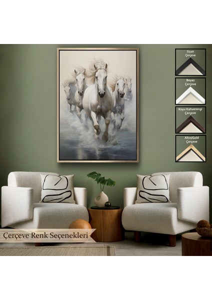 Çerçeveli Dekoratif Kanvas Tablo, Suda Koşan Beyaz Atlar TABLOSU-8000