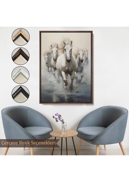 Çerçeveli Dekoratif Kanvas Tablo, Suda Koşan Beyaz Atlar TABLOSU-8000