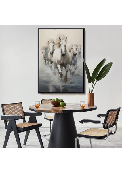 Çerçeveli Dekoratif Kanvas Tablo, Suda Koşan Beyaz Atlar TABLOSU-8000